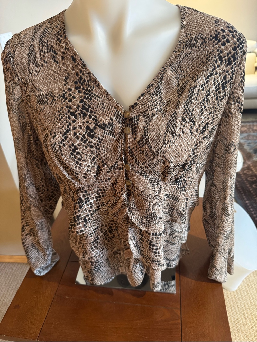 Liz Claiborne Taupe and Black Snake Print V-Neck Blouse